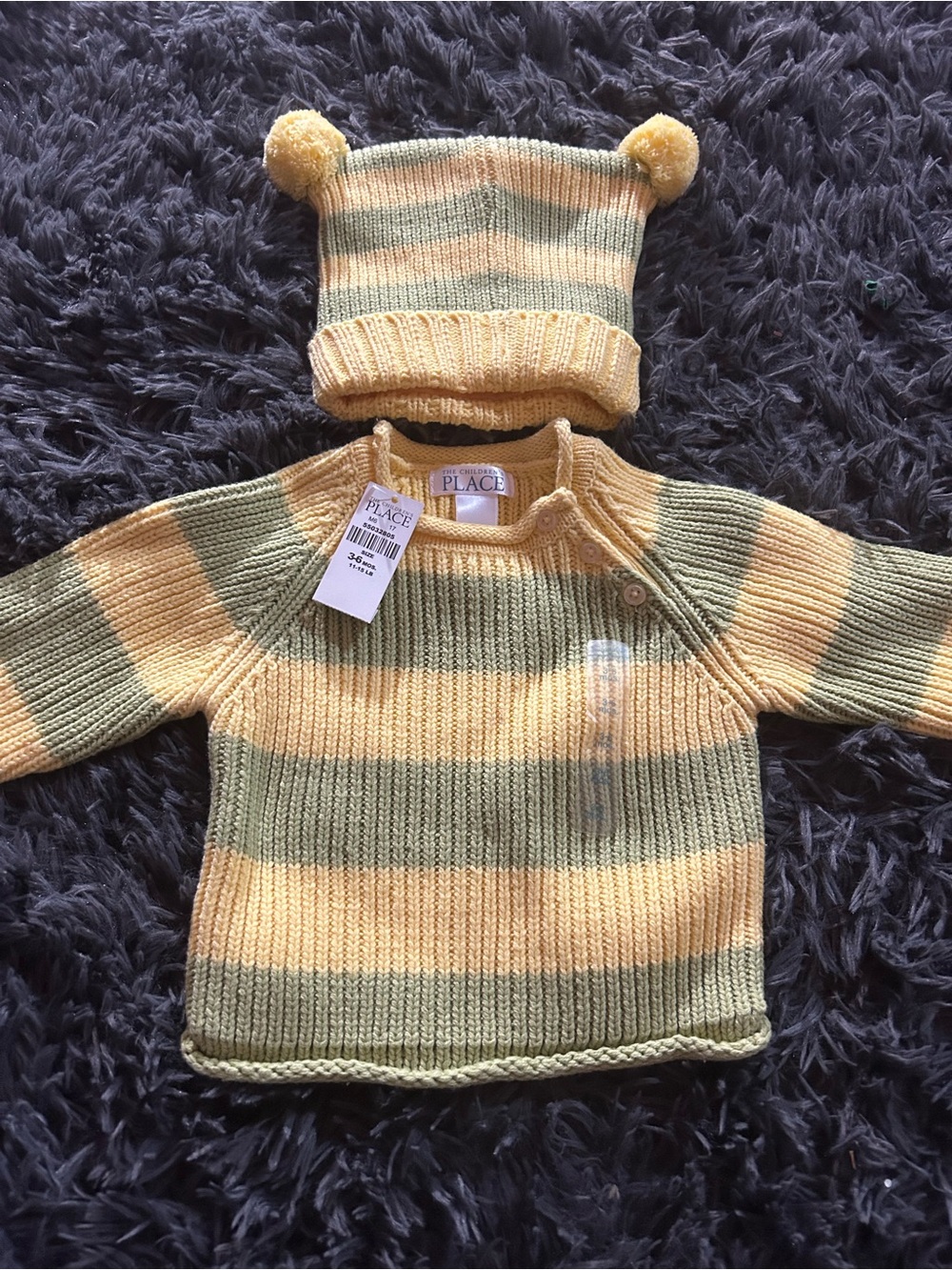 The Children's Place Yellow & Olive Striped Knit Sweater and Pom Hat Set